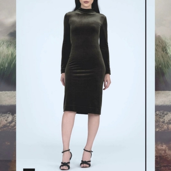 Light Green Velvet Mock Neck Stretch Bodycon Dress - Picture 1 of 11